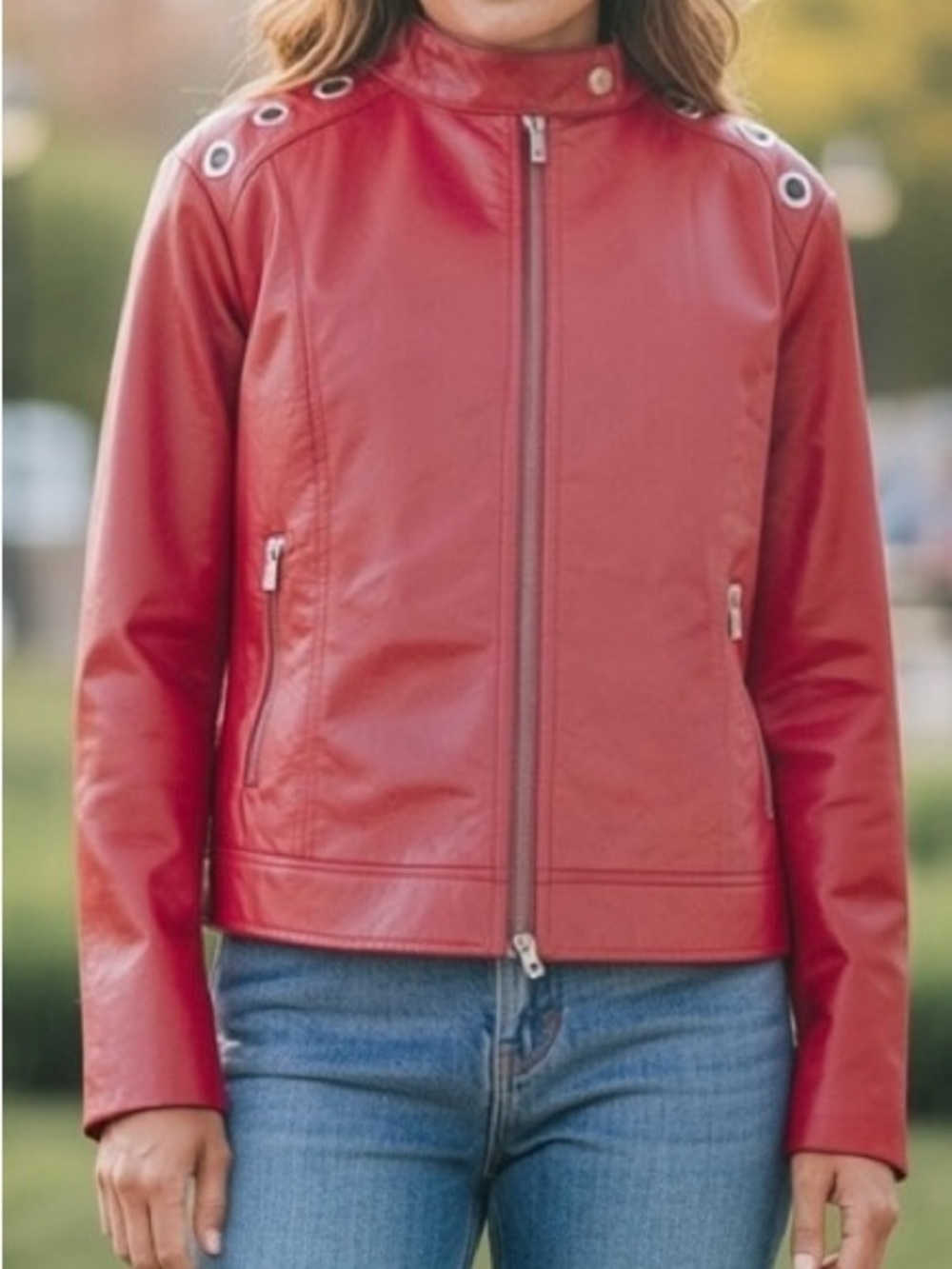 NWT NY&Co Red Moto Jacket with Grommet Details